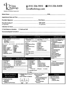 Iowa radiology xzray request form - front.