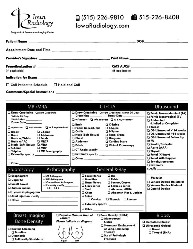 Iowa radiology xzray request form - front.